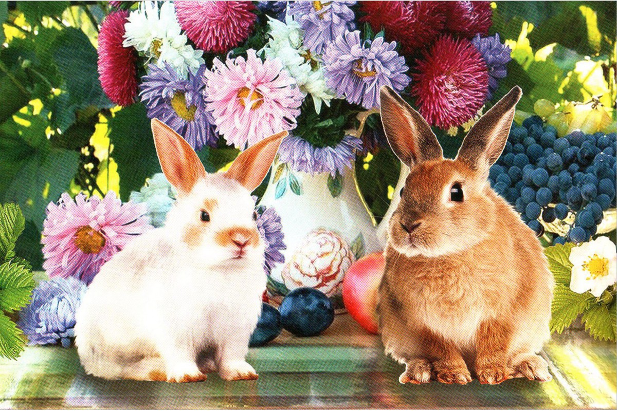 Кролики с вазой цветов - календарь трио с символом года